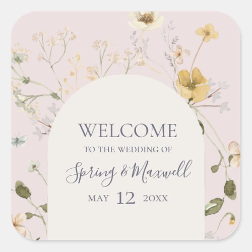 Spring Wildflower  Blush Wedding Welcome Square Sticker