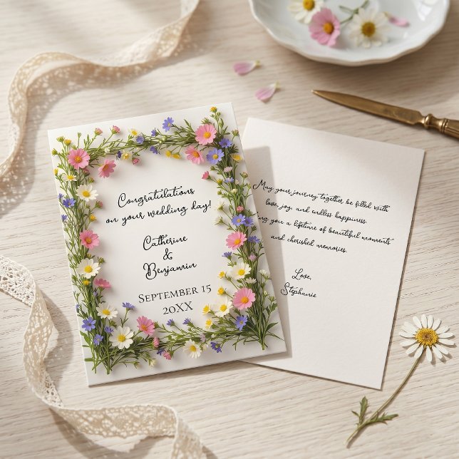 Spring Wildflower Border Wedding Congratulations Card (Creator Uploaded)
