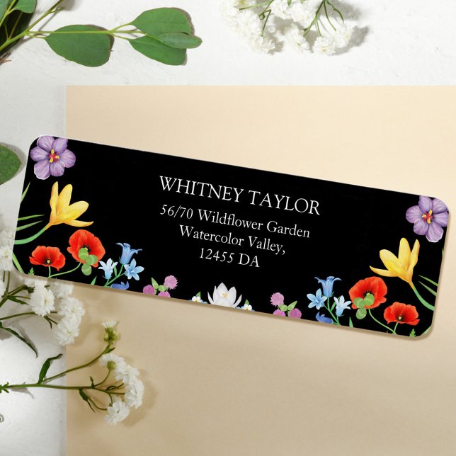 Spring Wildflower Bright Floral Wedding Address Label (Spring Wildflower Colorful Floral Black Wedding Addres Label)
