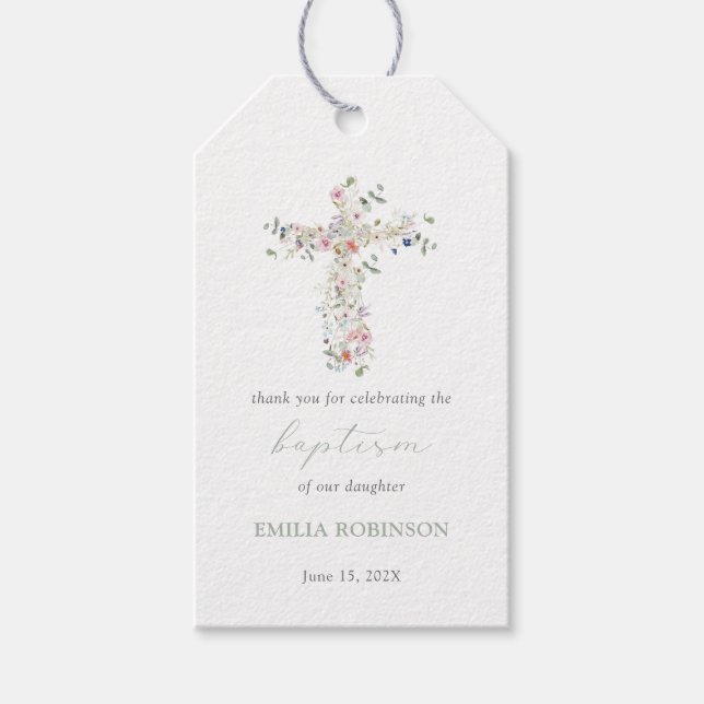 Spring Wildflower Cross Girl Baptism Favor Tag (Front)
