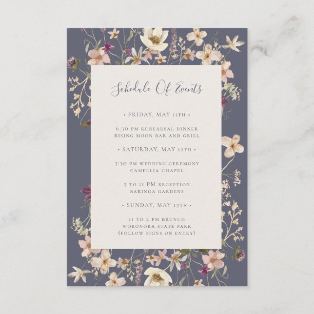 Spring Wildflower Dusty Purple Schedule of Events Enclosure Card (Front)