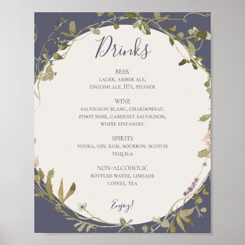 Spring Wildflower Dusty Purple Wedding Drinks Menu Poster