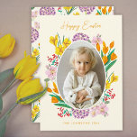 Spring Wildflower Easter Family Photo Greeting Holiday Card<br><div class="desc">Celebrate Easter with a beautiful and personal touch using this spring wildflower Easter photo greeting. Featuring a vibrant botanical frame of blooming crocuses, tulips, and delicate spring flowers, this cheerful design surrounds your favorite family photo with fresh seasonal color. The hand-drawn floral illustration captures the joyful feeling of spring and...</div>
