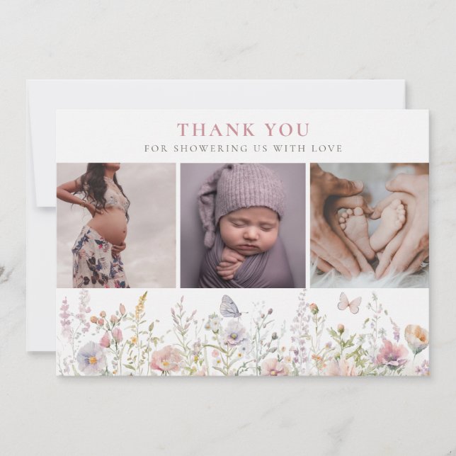 Spring Wildflower Field Baby Shower 3 Photos Thank You Card (Front)