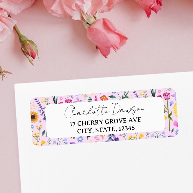 Spring Wildflower Floral Pink Girly Return Address Label (Spring Wildflower Birthday Party Label)