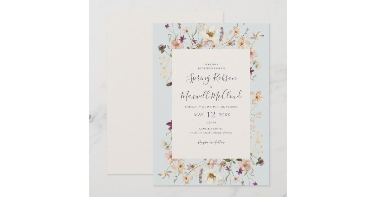 Blue Spring Invitations Spring Wildflower Frame Light Blue Casual Wedding Invitation | Zazzle