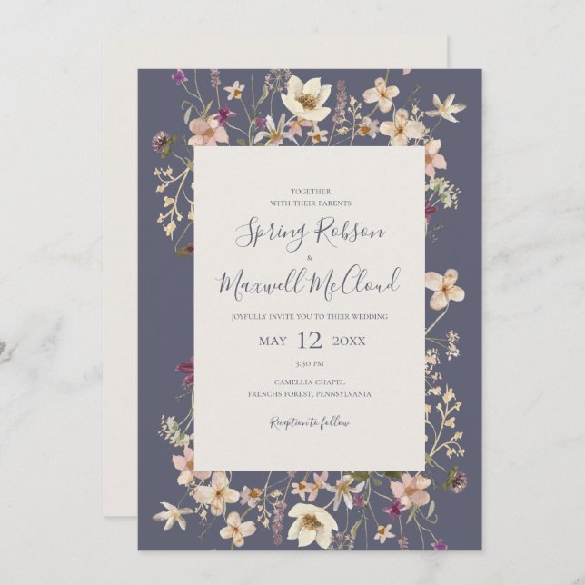 Spring Wildflower Frame Purple Casual Wedding Invitation (Front/Back)