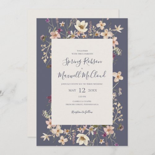 Spring Wildflower Frame Purple Casual Wedding Invitation