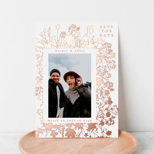 Spring Wildflower Frame Rose Gold Save The Date Foil Invitation