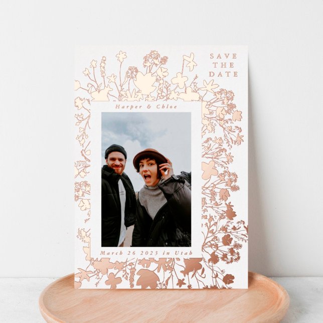 Spring Wildflower Frame Rose Gold Save The Date Foil Invitation (Creator Uploaded)
