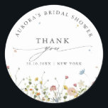 Spring Wildflower Garden  Bridal shower thank you Classic Round Sticker<br><div class="desc">Celebrate your special day with this elegant wildflower bridal shower thank you sticker, featuring delicate watercolor florals and modern script typography. The soft floral border, minimalist layout, and pastel color palette make it perfect for garden weddings, outdoor ceremonies, spring or summer celebrations, and boho or rustic themes. Fully customizable with...</div>
