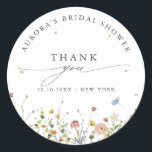 Spring Wildflower Garden  Bridal shower thank you Classic Round Sticker<br><div class="desc">Celebrate your special day with this elegant wildflower bridal shower thank you sticker, featuring delicate watercolor florals and modern script typography. The soft floral border, minimalist layout, and pastel color palette make it perfect for garden weddings, outdoor ceremonies, spring or summer celebrations, and boho or rustic themes. Fully customizable with...</div>