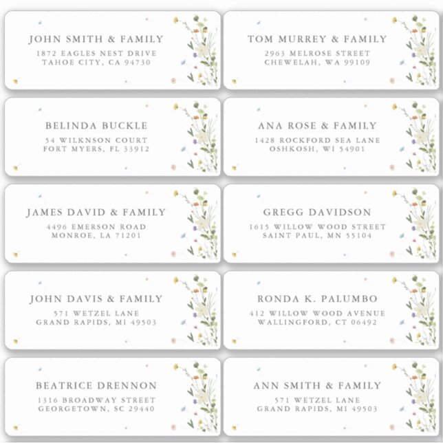 Spring Wildflower Garden Floral Guest Name Address Sticker (Front)