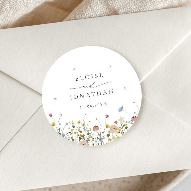Spring Wildflower Garden Floral Minimalist Wedding Classic Round Sticker (Spring Wildflower Garden Floral Minimalist Wedding envelope seal Classic Round Sticker)