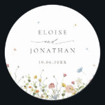 Spring Wildflower Garden Floral Minimalist Wedding Classic Round Sticker<br><div class="desc">Celebrate your special day with this elegant wildflower wedding envelope seal sticker, featuring delicate watercolor florals and modern script typography. The soft floral border, minimalist layout, and pastel color palette make it perfect for garden weddings, outdoor ceremonies, spring or summer celebrations, and boho or rustic themes. Fully customizable with your...</div>