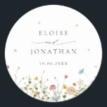 Spring Wildflower Garden Floral Minimalist Wedding Classic Round Sticker<br><div class="desc">Celebrate your special day with this elegant wildflower wedding envelope seal sticker, featuring delicate watercolor florals and modern script typography. The soft floral border, minimalist layout, and pastel color palette make it perfect for garden weddings, outdoor ceremonies, spring or summer celebrations, and boho or rustic themes. Fully customizable with your...</div>