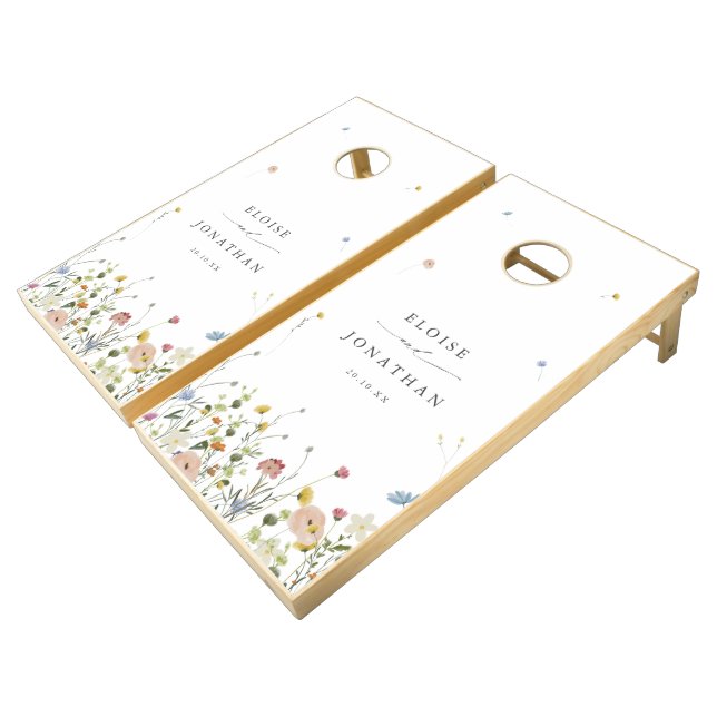 Spring Wildflower Garden Floral Minimalist Wedding Cornhole Set (Angled)