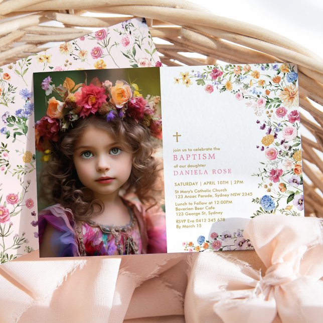 Spring Wildflower Garden Girl Baptism Photo Invitation (Creator Uploaded)