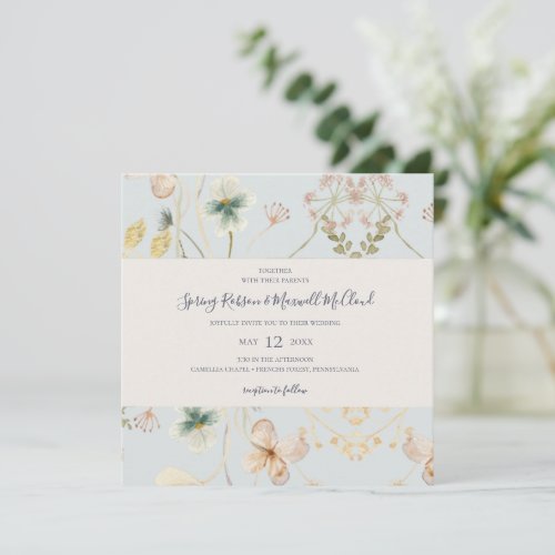 Spring Wildflower  Light Blue Square Wedding Invitation
