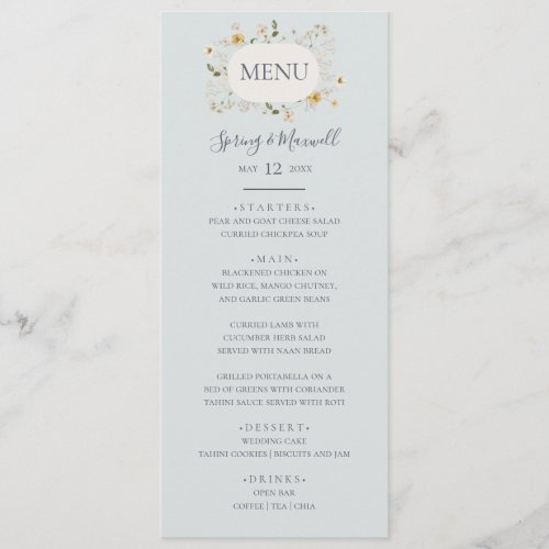 Spring Wildflower  Light Blue Wedding Dinner Menu