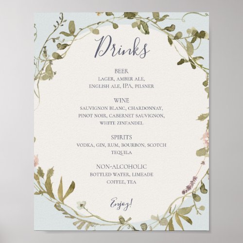 Spring Wildflower  Light Blue Wedding Drinks Menu Poster