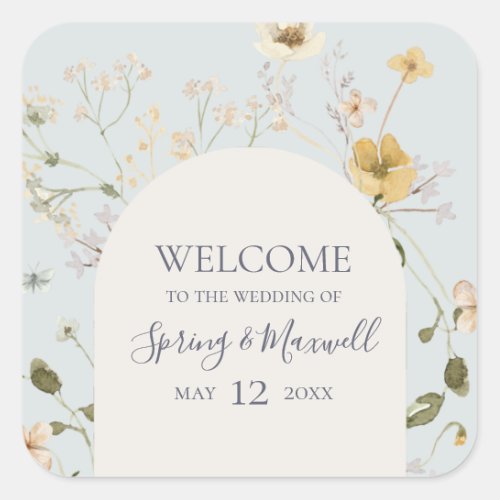 Spring Wildflower  Light Blue Wedding Welcome Square Sticker