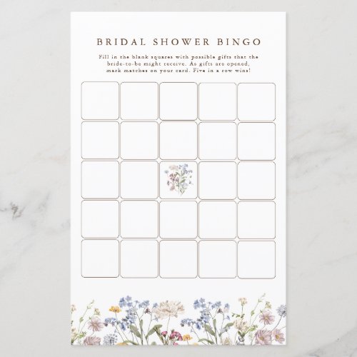 Spring Wildflower Meadow Bridal Shower Bingo
