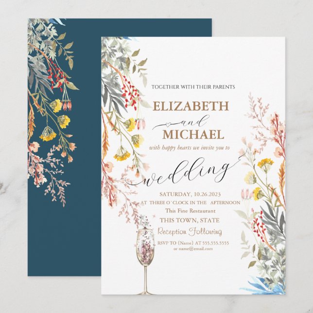 Spring Wildflower Meadow  Champagne Glass Wedding  Invitation (Front/Back)