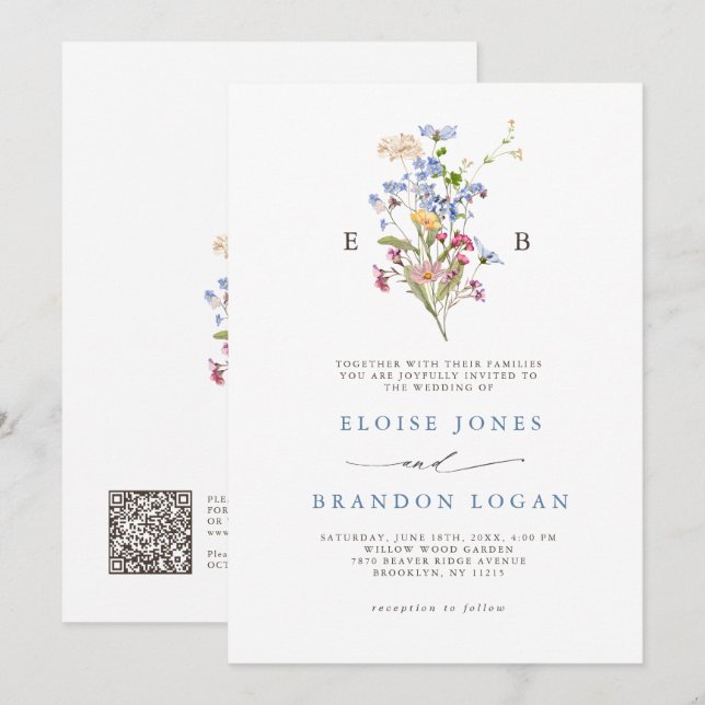 Spring Wildflower Meadow Garden QR Code Wedding   Invitation (Front/Back)