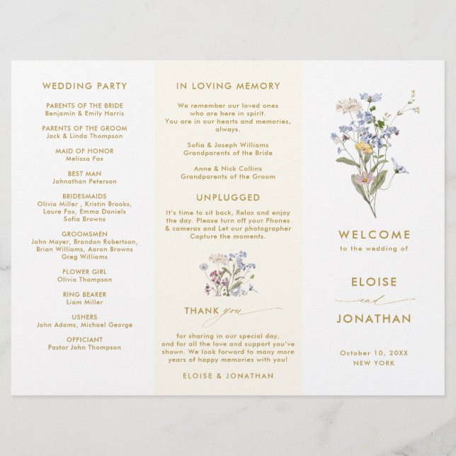 Spring Wildflower Meadow Gold Wedding Program (Front)