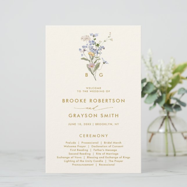 Spring Wildflower Meadow Gold Wedding Program (Standing Front)