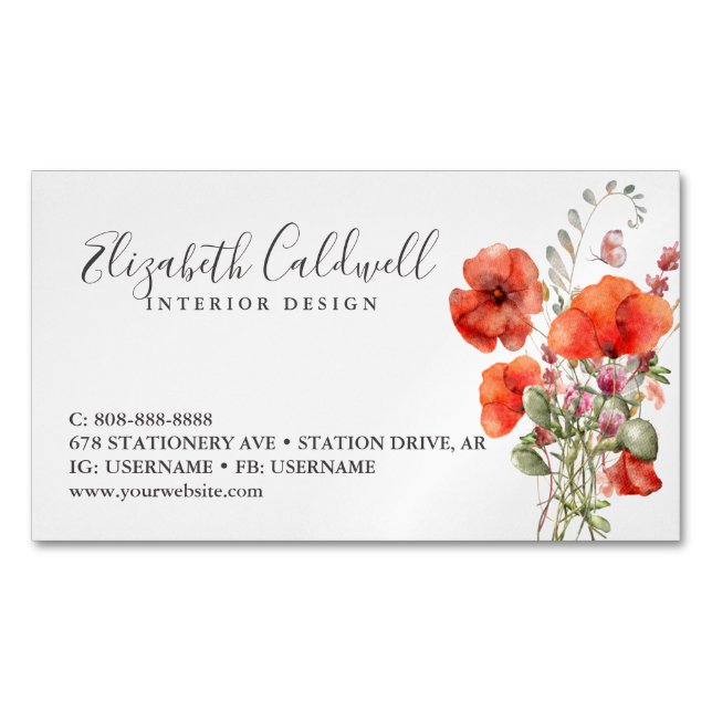 Spring Wildflower Poppy Floral Personalized Business Card Magnet (Front)