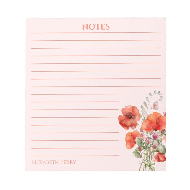 Spring Wildflower Poppy Floral Personalized Notepad (Front)