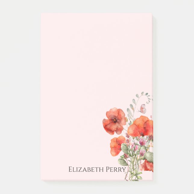 Spring Wildflower Poppy Floral Personalized Post-it Notes (Front)