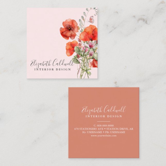 Spring Wildflower Poppy Floral Personalized Square Business Card (Front/Back)