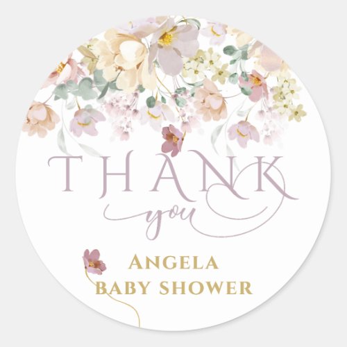 Spring Wildflower Purple Girl Baby Shower thanks Classic Round Sticker