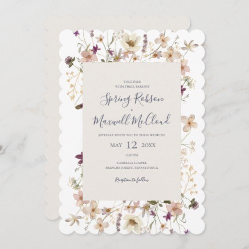 Spring Wildflower Scalloped White Casual Wedding Invitation