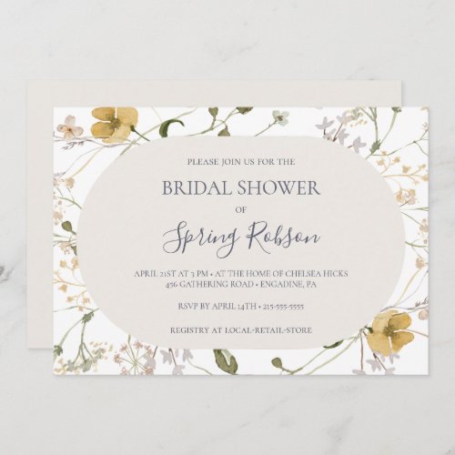 Spring Wildflower  White Horizontal Bridal Shower Invitation