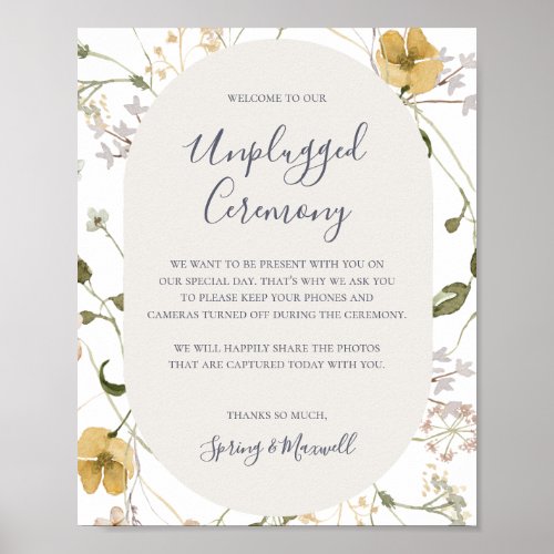 Spring Wildflower  White Unplugged Ceremony Sign