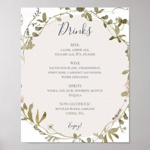 Spring Wildflower  White Wedding Drinks Menu Post Poster