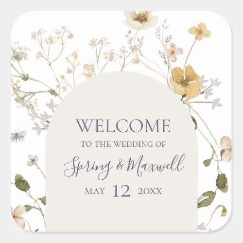 Spring Wildflower  White Wedding Welcome Square Sticker