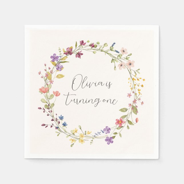 Spring Wildflower Wreath 1st Birthday Party Napkins (Front)