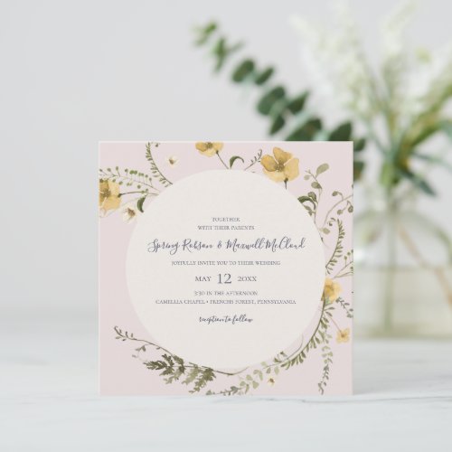 Spring Wildflower Wreath blush Square Wedding Invitation