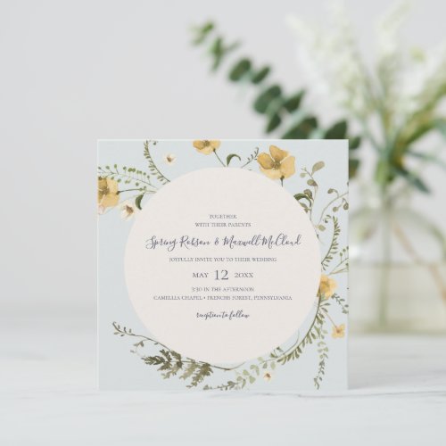 Spring Wildflower Wreath Light Blue Square Wedding Invitation