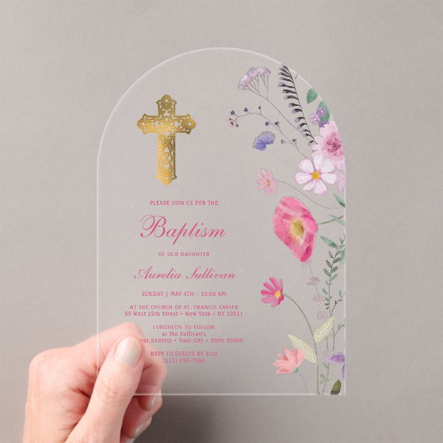 Spring Wildflowers Arch Baptism Acrylic Invitations (Insitu (Handheld))