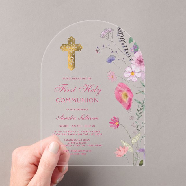 Spring Wildflowers Arch First Communion Acrylic Invitations (Insitu (Handheld))
