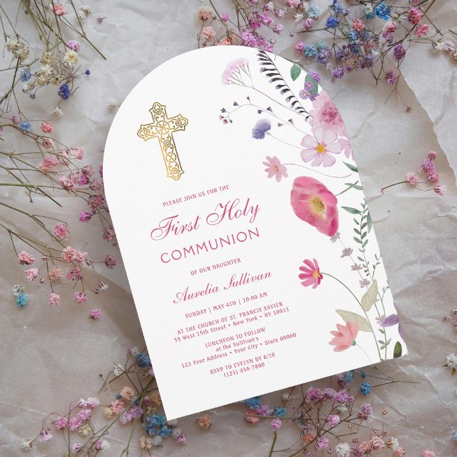 Spring Wildflowers Arch First Communion Invitation (Creator Uploaded)