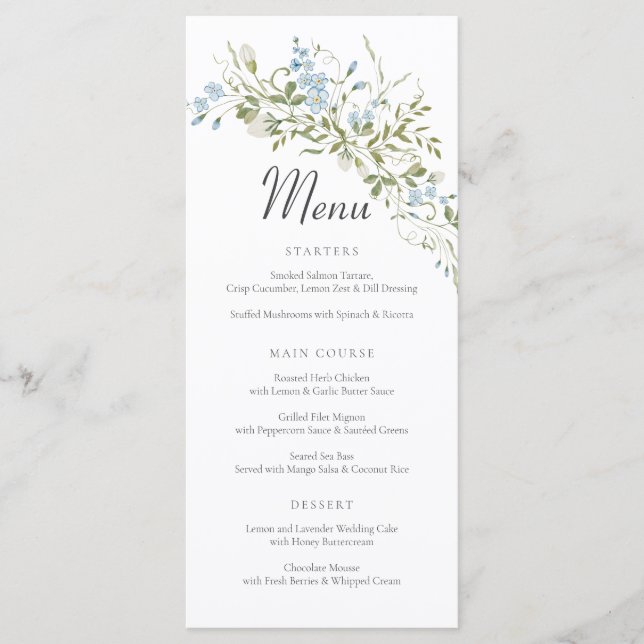 Spring Wildflowers Blue Green Wedding Menu (Front)