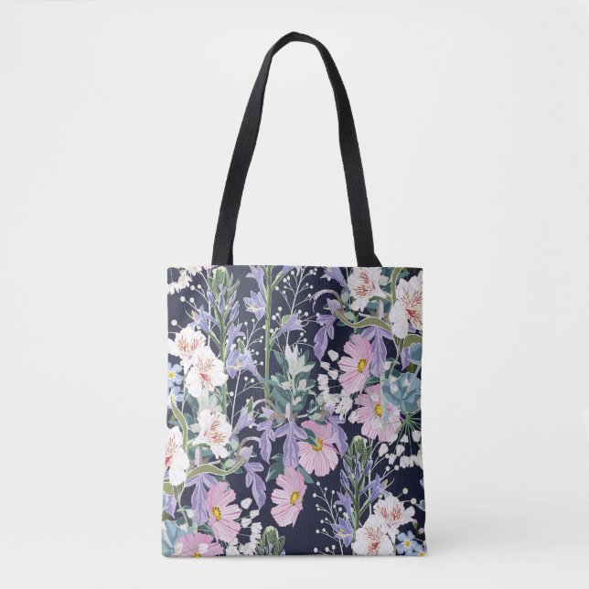 Spring Wildflowers: Dark Blue Vintage. Tote Bag (Front)