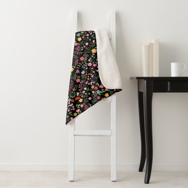 Spring Wildflowers Floral Design on Black Sherpa Blanket (In Situ)